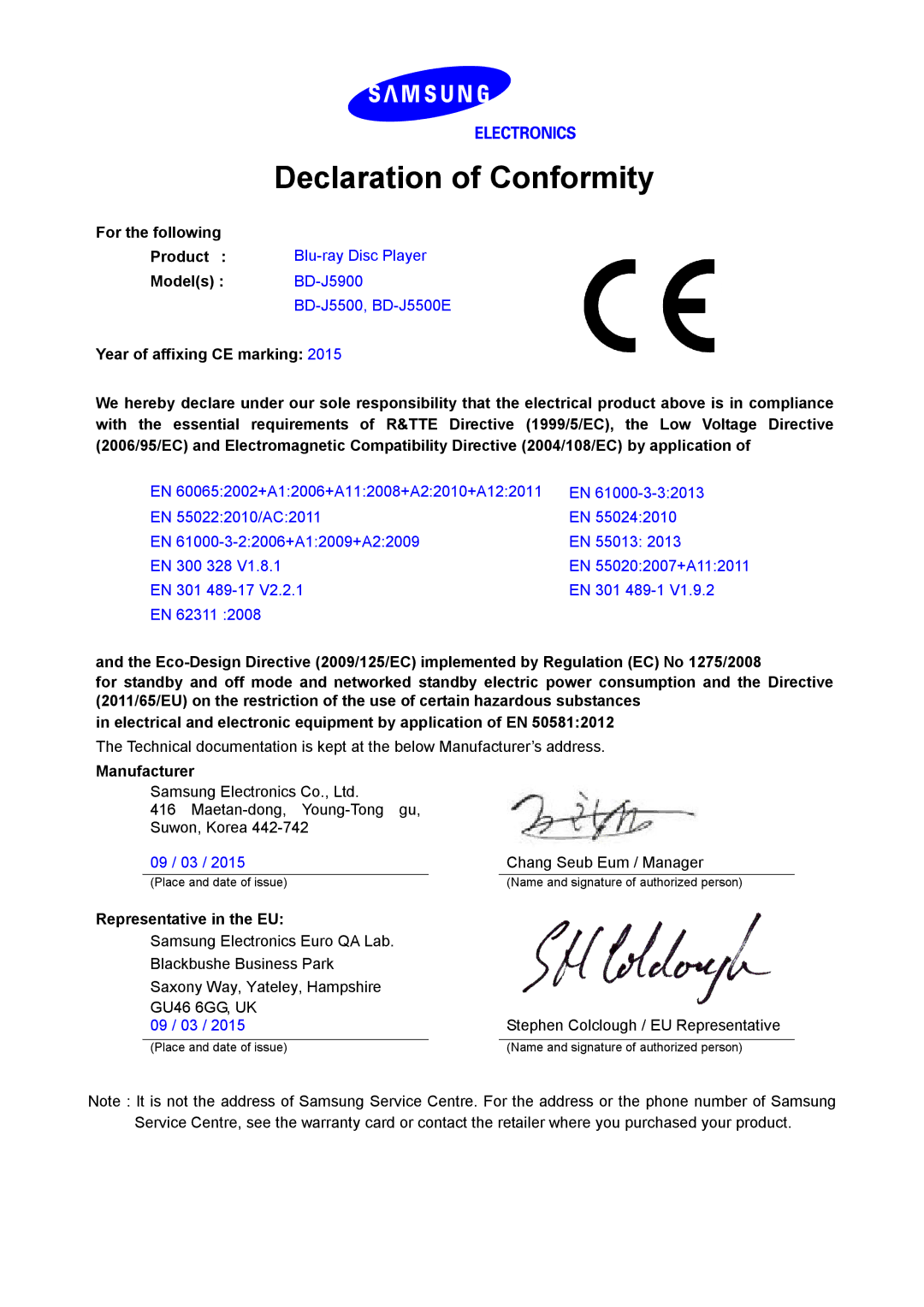 Samsung BD-J5500E/EN, BD-J5900/EN manual Declaration of Conformity, For the following Product, Models, Manufacturer 