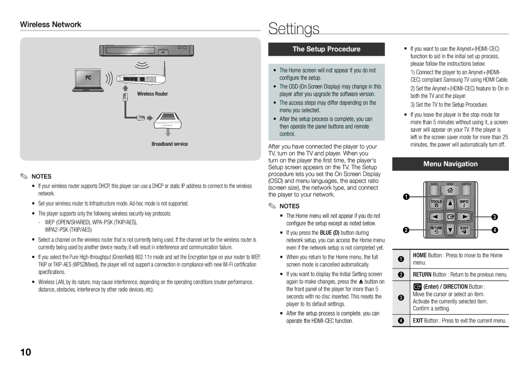 Samsung BD-J5900/XN, BD-J5900/EN, BD-J5500E/EN, BD-J5900/ZF Settings, Wireless Network, Setup Procedure, Menu Navigation 