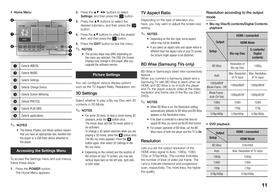 Samsung BD-J5900/XU, BD-J5900/EN, BD-J5500E/EN manual 3D Settings, TV Aspect Ratio, BD Wise Samsung TVs only, Resolution 