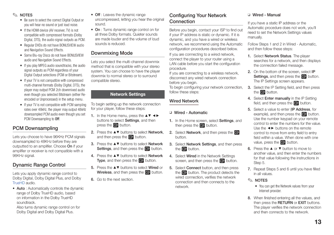 Samsung BD-J5500E/EN manual PCM Downsampling, Dynamic Range Control, Downmixing Mode, Configuring Your Network Connection 