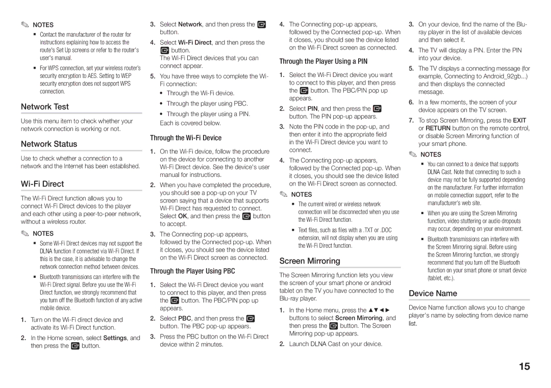 Samsung BD-J5900/XE, BD-J5900/EN, BD-J5500E/EN Network Test, Network Status, Wi-Fi Direct, Screen Mirroring, Device Name 