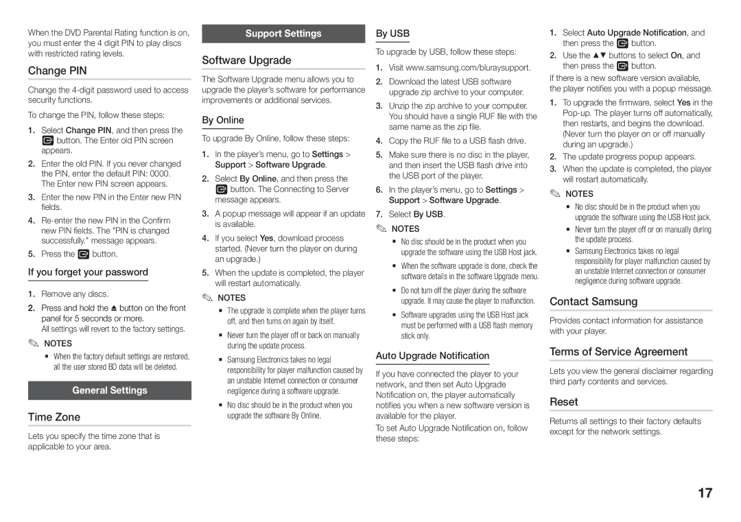 Samsung BD-J5900/XU manual Change PIN, Time Zone, Software Upgrade, Contact Samsung, Terms of Service Agreement, Reset 