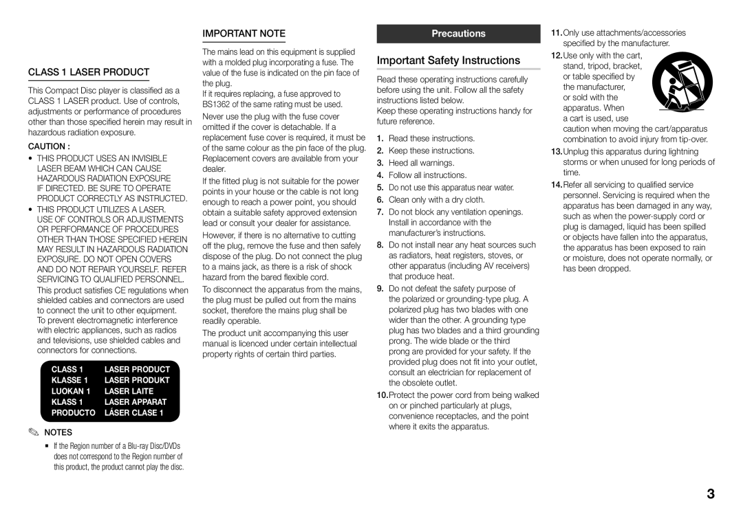 Samsung BD-J5900/XE, BD-J5900/EN, BD-J5500E/EN manual Important Safety Instructions, Class 1 Laser product, Precautions 
