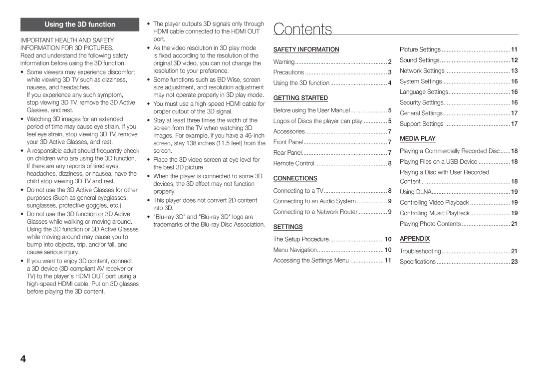 Samsung BD-J5900/XN, BD-J5900/EN, BD-J5500E/EN, BD-J5900/ZF, BD-J5900/XE, BD-J5900/XU manual Contents 