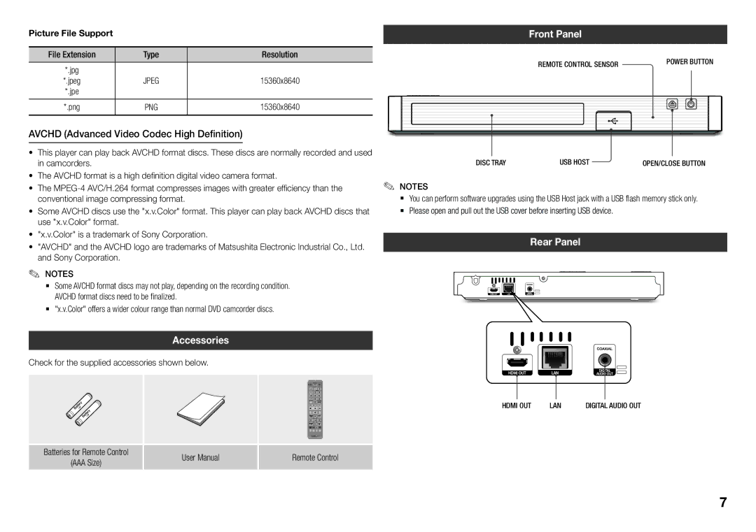 Samsung BD-J5500E/EN, BD-J5900/EN manual Avchd Advanced Video Codec High Definition, Accessories, Front Panel, Rear Panel 