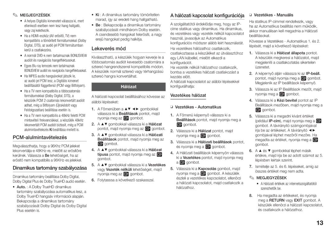 Samsung BD-J5500E/EN, BD-J5900/EN, BD-J5900/ZF, BD-J5900/XE, BD-J5900/XN manual PCM-alulmintavételezés, Lekeverés mód, Hálózat 