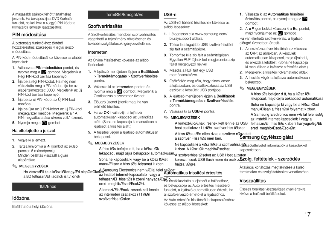 Samsung BD-J5900/XU manual PIN módosítása, Időzóna, Szoftverfrissítés, Samsung ügyfélszolgálat, Szolg. feltételek szerződés 