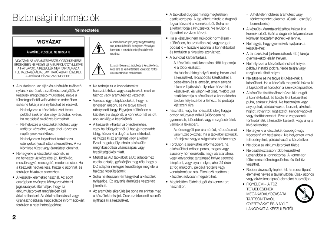 Samsung BD-J5900/ZF, BD-J5900/EN, BD-J5500E/EN, BD-J5900/XE, BD-J5900/XN, BD-J5900/XU manual Biztonsági információk, Yelmeztetés 