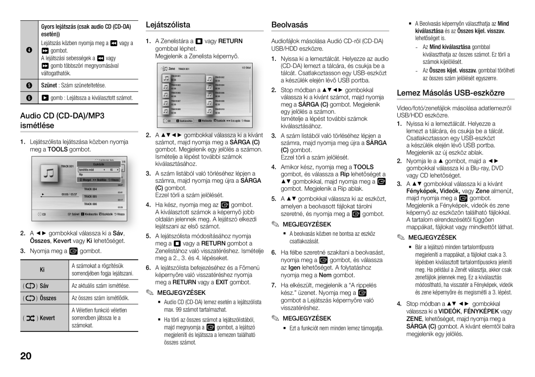 Samsung BD-J5900/ZF, BD-J5900/EN manual Lejátszólista Beolvasás, Audio CD CD-DA/MP3, Ismétlése, Lemez Másolás USB-eszközre 