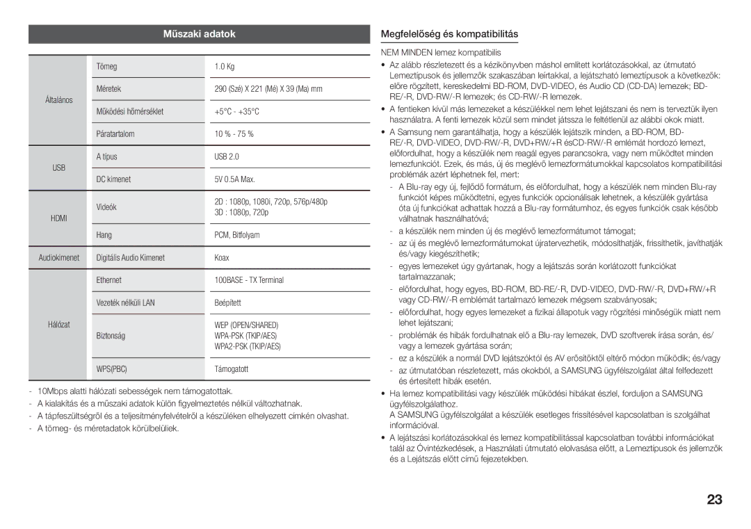 Samsung BD-J5900/XU, BD-J5900/EN, BD-J5500E/EN, BD-J5900/ZF, BD-J5900/XE manual Műszaki adatok, Megfelelőség és kompatibilitás 