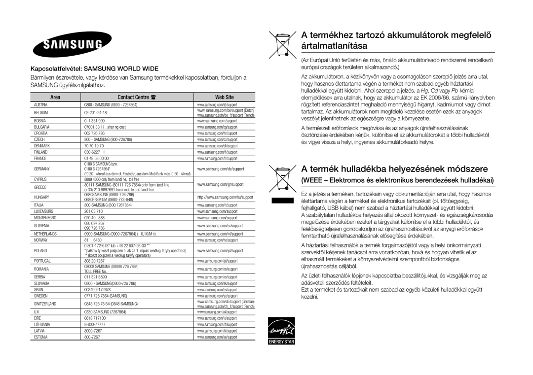 Samsung BD-J5900/ZF, BD-J5900/EN, BD-J5500E/EN, BD-J5900/XE manual Termékhez tartozó akkumulátorok megfelelő ártalmatlanítása 