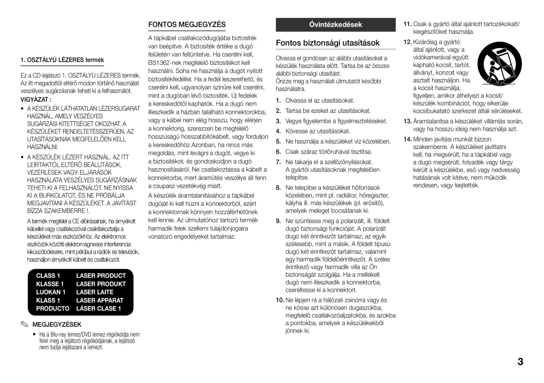 Samsung BD-J5900/XE, BD-J5900/EN, BD-J5500E/EN manual Fontos biztonsági utasítások, Óvintézkedések, Vigyázat, Megjegyzések 