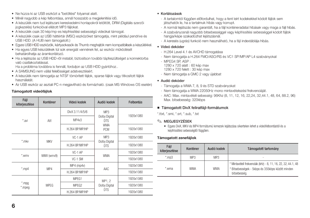 Samsung BD-J5900/EN, BD-J5500E/EN, BD-J5900/ZF manual Felbontás, 1920x1080, Ttxt, *.smi, *.srt, *.sub, *.txt, Bitsebesség 