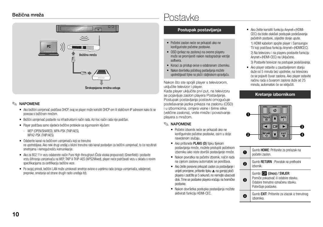 Samsung BD-J5900/EN, BD-J5500E/EN manual Postavke, Bežična mreža, Postupak postavljanja, Kretanje izbornikom 