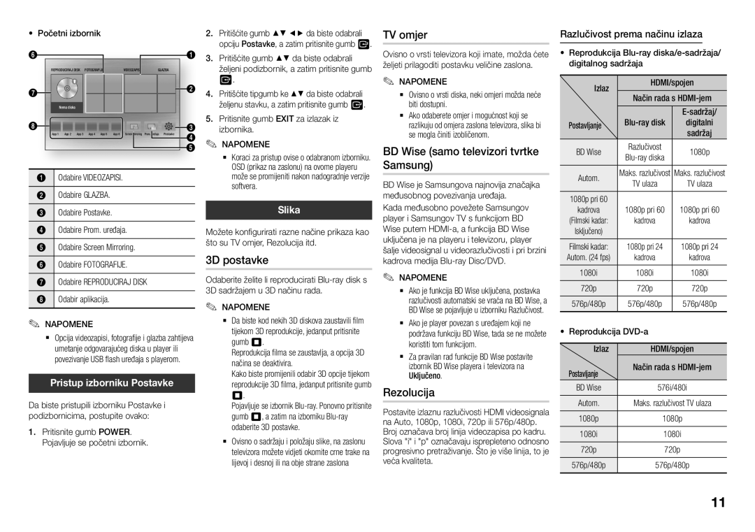 Samsung BD-J5500E/EN, BD-J5900/EN manual 3D postavke, TV omjer, BD Wise samo televizori tvrtke Samsung, Rezolucija 