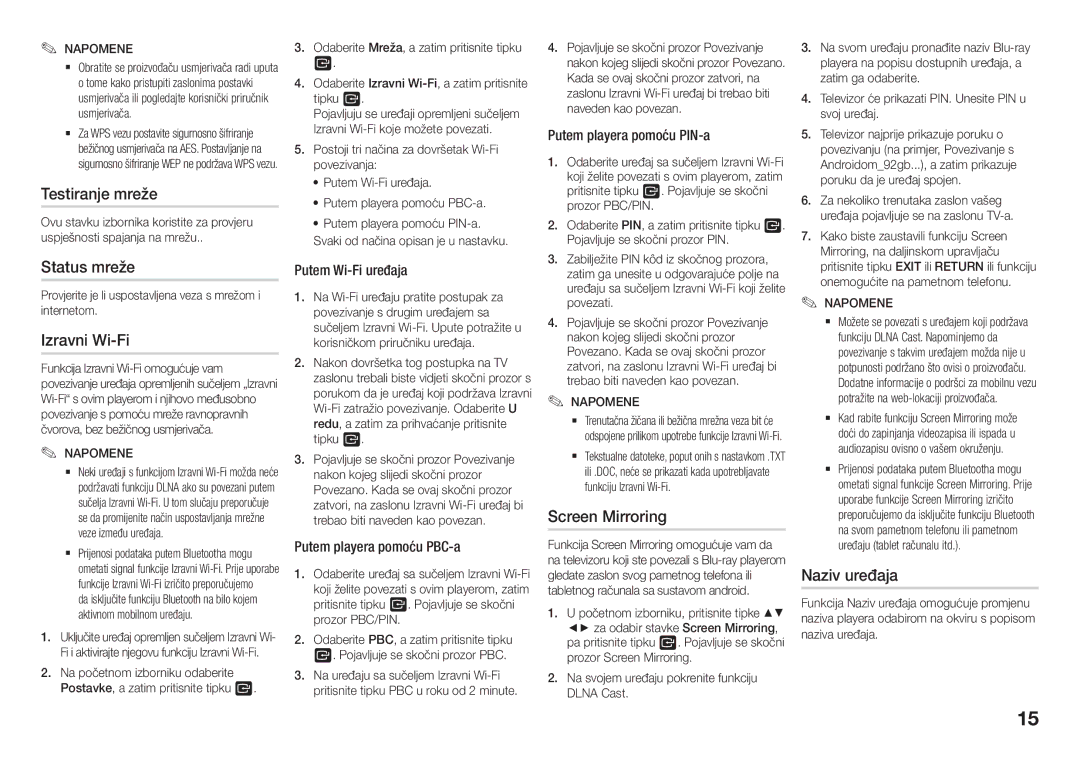 Samsung BD-J5500E/EN, BD-J5900/EN manual Testiranje mreže, Status mreže, Izravni Wi-Fi, Screen Mirroring, Naziv uređaja 