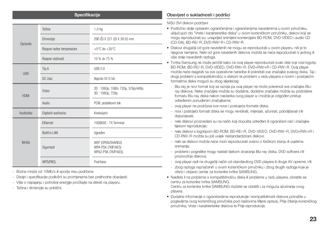 Samsung BD-J5500E/EN, BD-J5900/EN manual Specifikacije, Obavijest o sukladnosti i podršci 