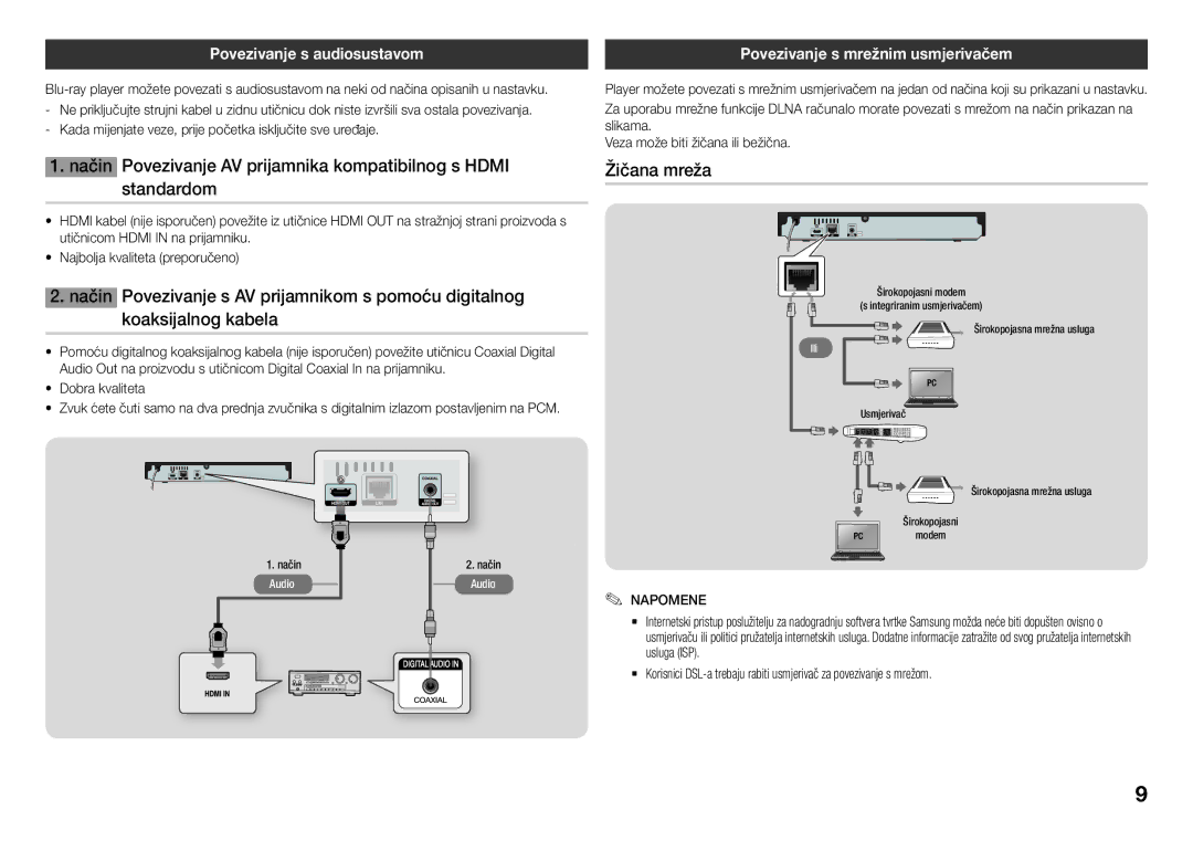 Samsung BD-J5500E/EN manual Žičana mreža, Povezivanje s audiosustavom, Povezivanje s mrežnim usmjerivačem, Dobra kvaliteta 