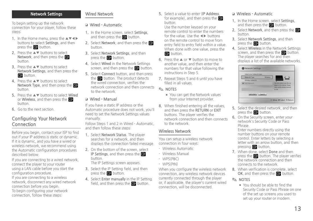 Samsung BD-J5900/XN, BD-J5900/EN Configuring Your Network Connection, Network Settings, Wired Network, Wireless Network 