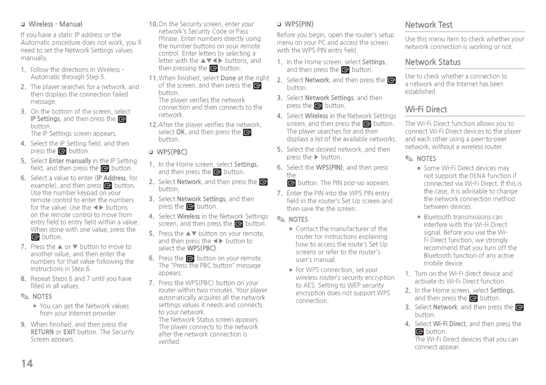 Samsung BD-J5900/XU, BD-J5900/EN, BD-J5900/ZF, BD-J5900/XE, BD-J5900/XN manual Network Test, Network Status, Wi-Fi Direct 