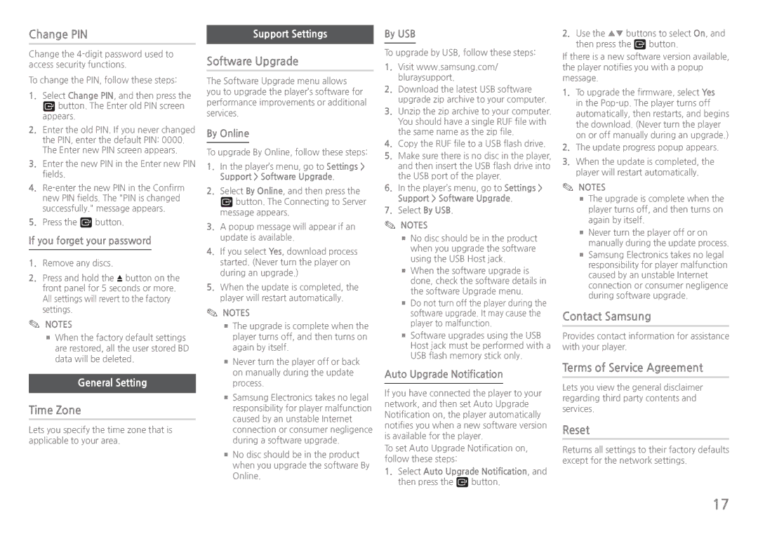 Samsung BD-J5900/XE manual Change PIN, Time Zone, Software Upgrade, Contact Samsung, Terms of Service Agreement, Reset 