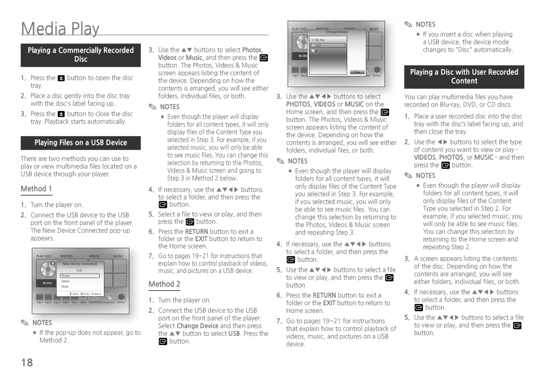 Samsung BD-J5900/XN manual Media Play, Playing Files on a USB Device, Method, Playing a Disc with User Recorded Content 