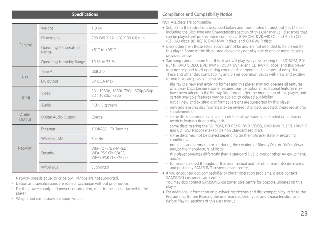 Samsung BD-J5900/XN, BD-J5900/EN, BD-J5900/ZF, BD-J5900/XE, BD-J5900/XU Specifications, Compliance and Compatibility Notice 