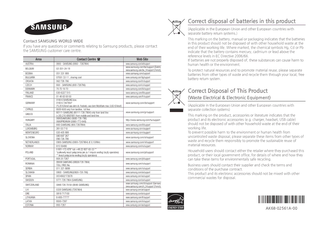 Samsung BD-J5900/XE, BD-J5900/EN manual Waste Electrical & Electronic Equipment, Contact Samsung World Wide, AK68-02561A-00 