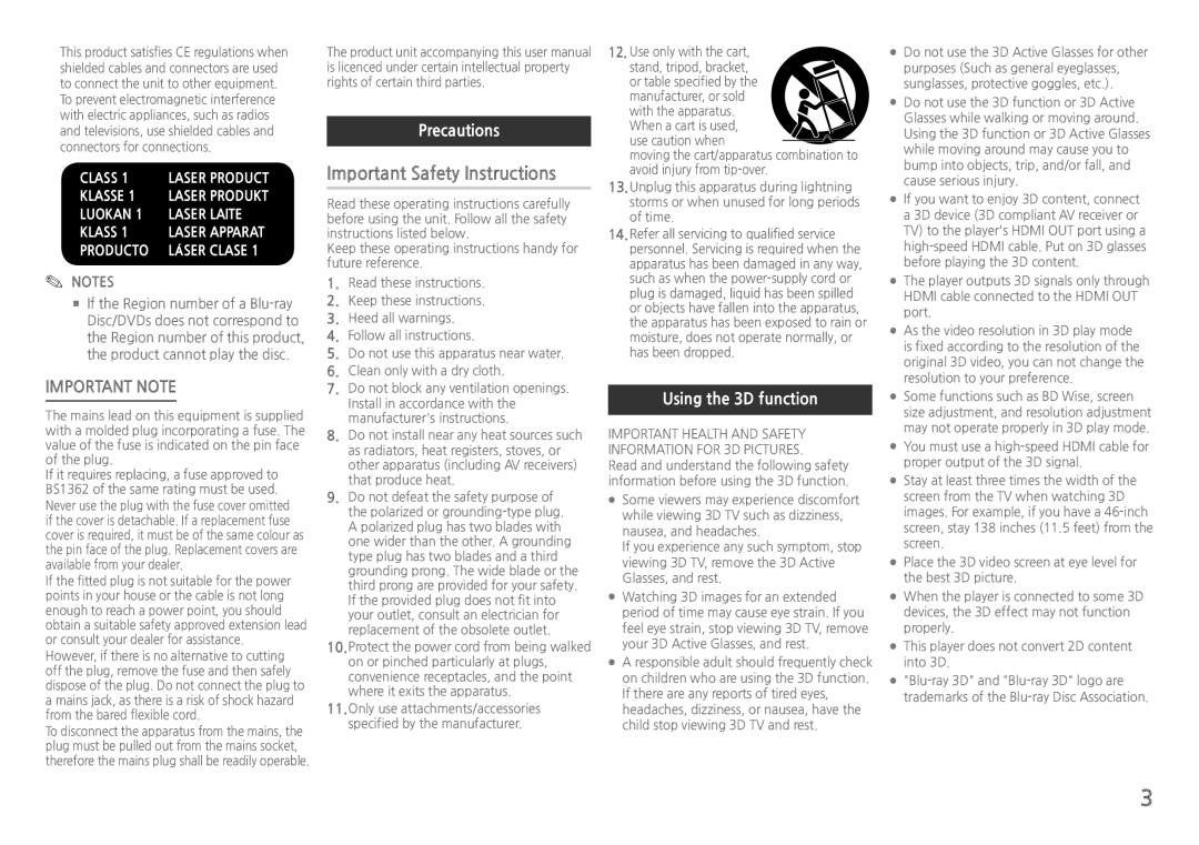 Samsung BD-J5900/XN, BD-J5900/EN, BD-J5900/ZF, BD-J5900/XE Important Safety Instructions, Precautions, Using the 3D function 