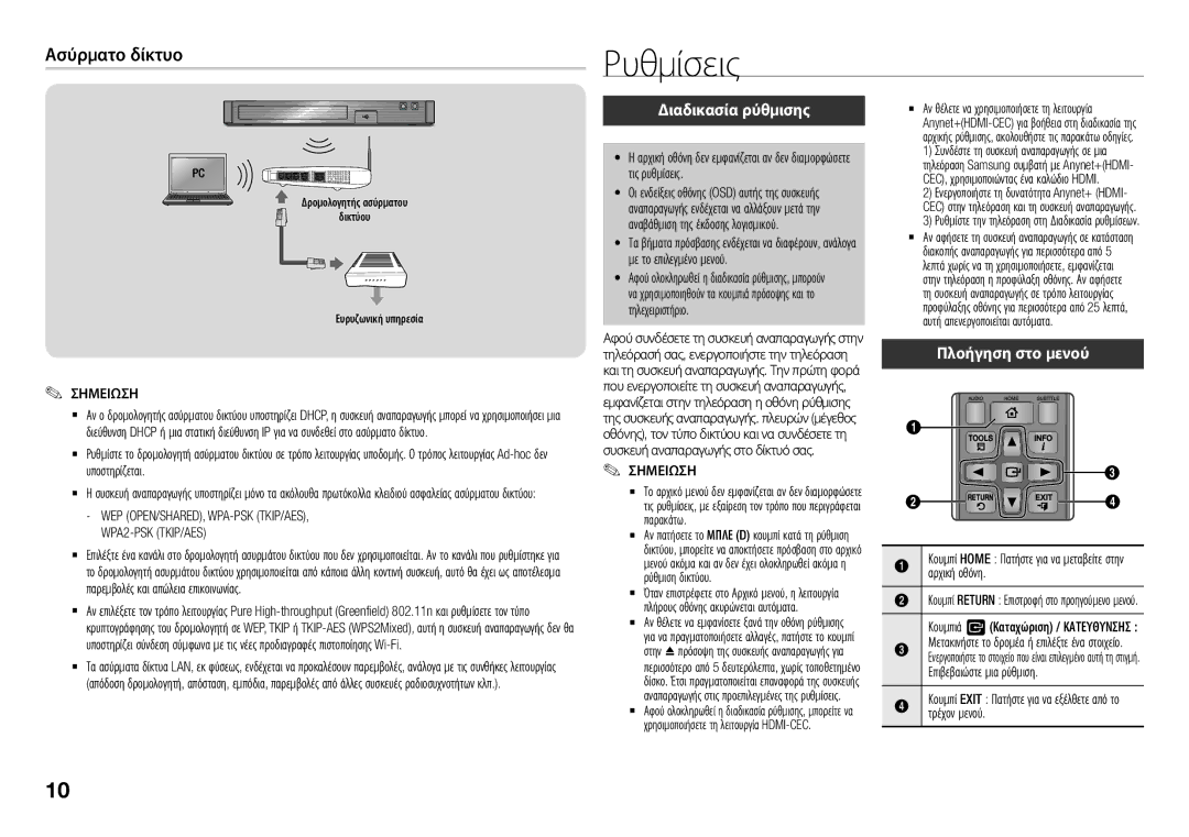 Samsung BD-J5900/EN manual Ρυθμίσεις, Ασύρματο δίκτυο, Διαδικασία ρύθμισης, Πλοήγηση στο μενού 