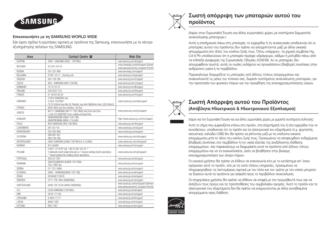 Samsung BD-J5900/EN Samsung 0800, 02-201-24-18, 051 331, 07001 33 11 , sharing cost, 062 726, 70 70 19, 030-6227, 261 03 