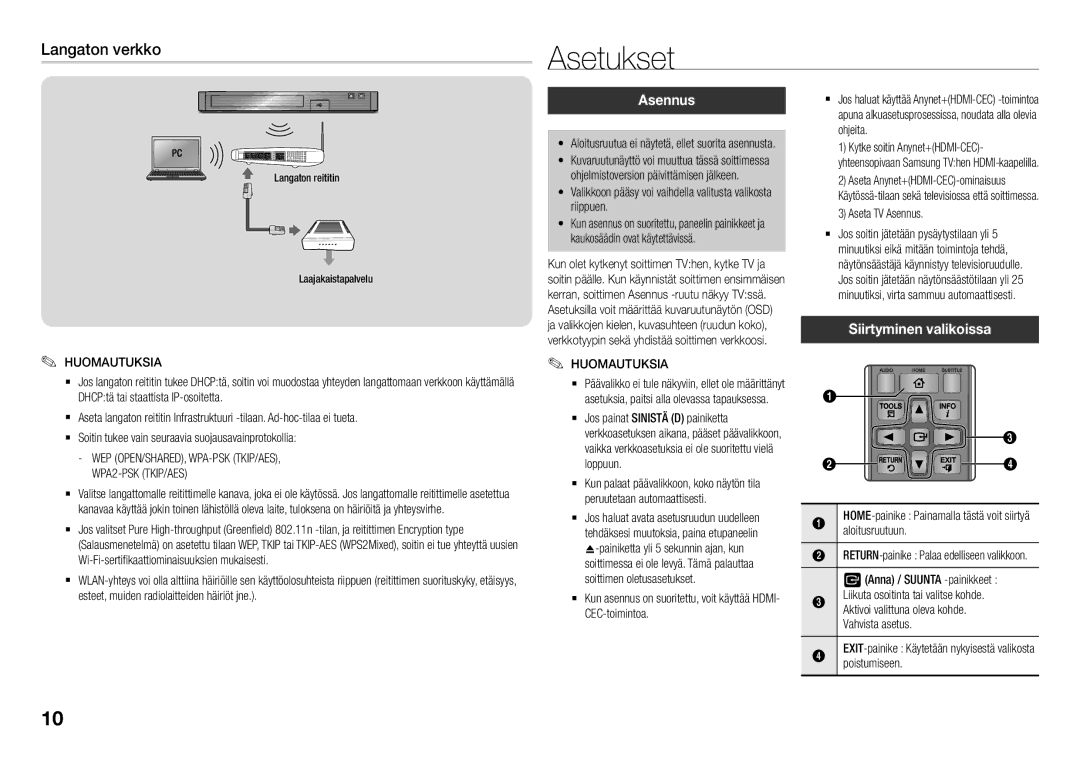 Samsung BD-J5900/XE manual Asetukset, Langaton verkko, Asennus, Siirtyminen valikoissa 