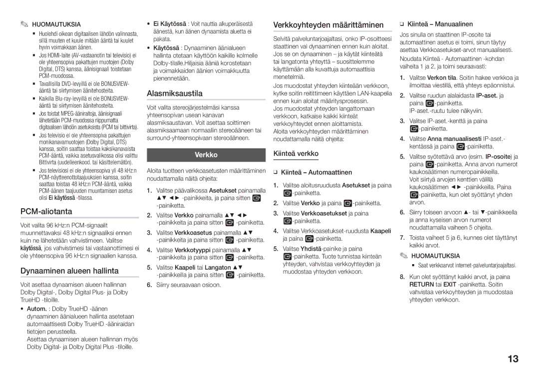 Samsung BD-J5900/XE manual PCM-aliotanta, Dynaaminen alueen hallinta, Alasmiksaustila, Verkkoyhteyden määrittäminen 