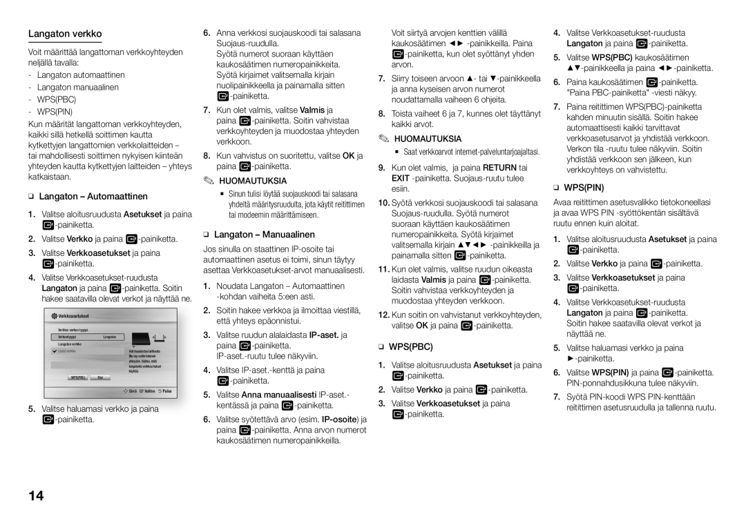 Samsung BD-J5900/XE manual Langaton verkko, Voit määrittää langattoman verkkoyhteyden neljällä tavalla, Wpspin 