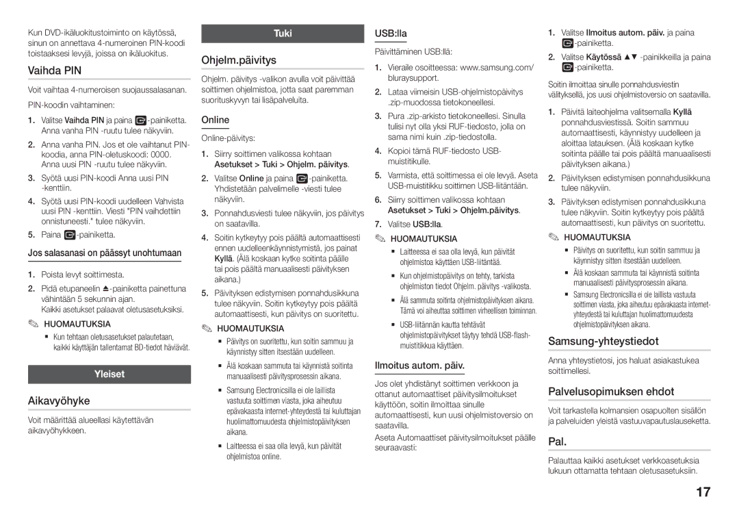 Samsung BD-J5900/XE manual Vaihda PIN, Aikavyöhyke, Ohjelm.päivitys, Samsung-yhteystiedot, Palvelusopimuksen ehdot 