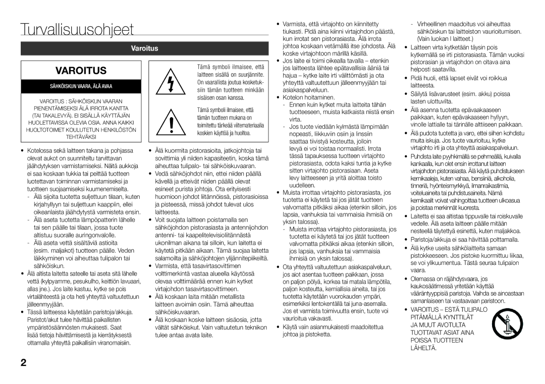 Samsung BD-J5900/XE manual Turvallisuusohjeet, Varoitus 