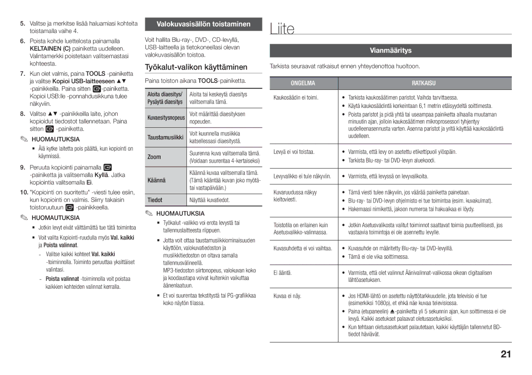 Samsung BD-J5900/XE manual Liite, Työkalut-valikon käyttäminen, Valokuvasisällön toistaminen, Vianmääritys 