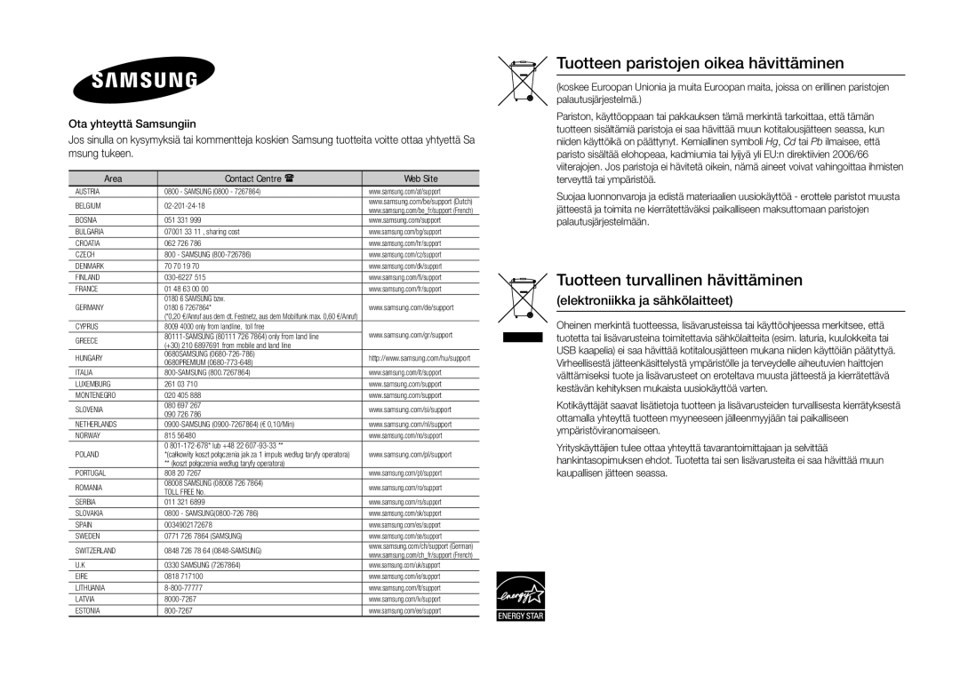 Samsung BD-J5900/XE manual Tuotteen paristojen oikea hävittäminen 