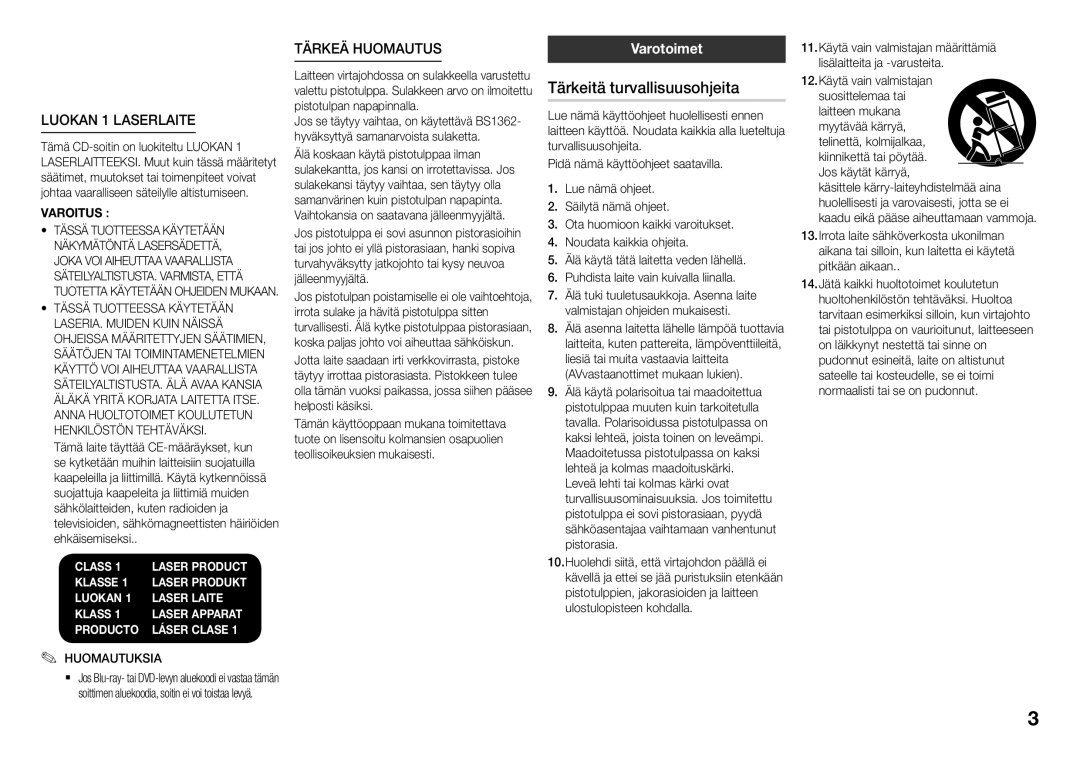 Samsung BD-J5900/XE manual Tärkeitä turvallisuusohjeita, Varotoimet, Huomautuksia 