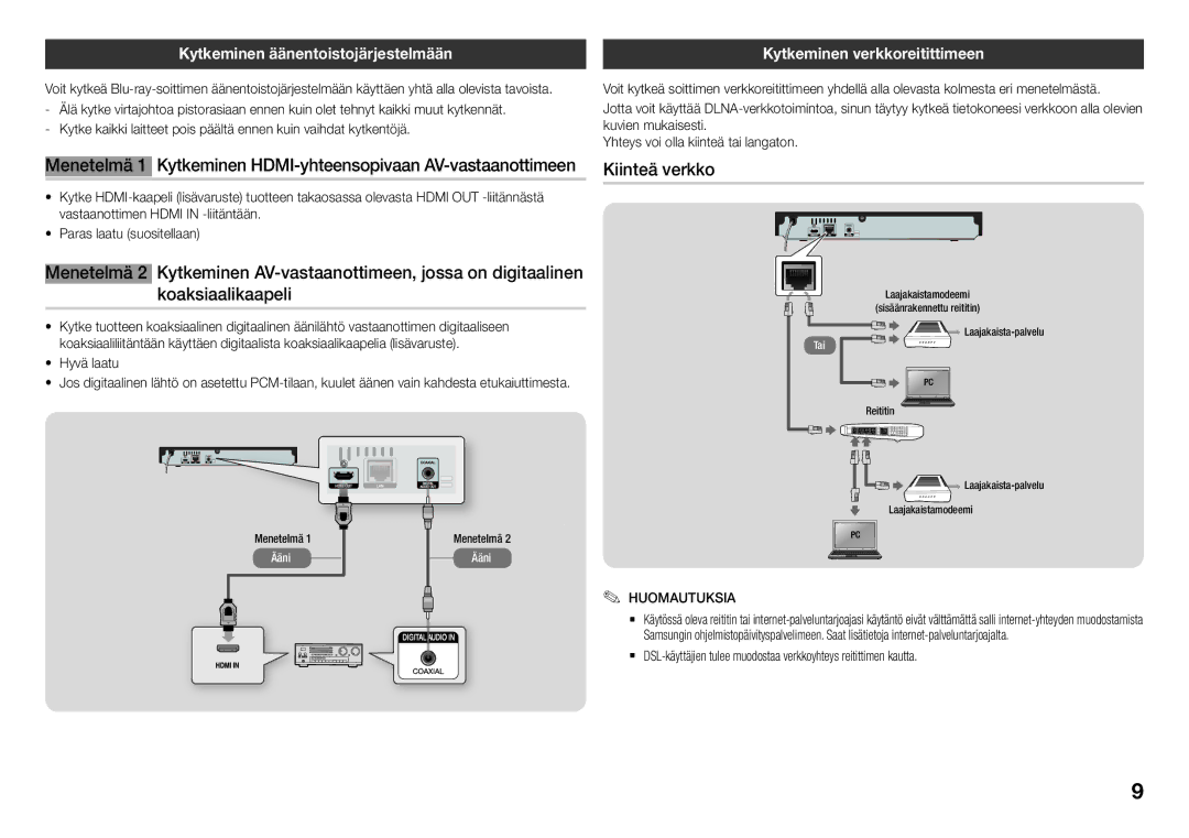 Samsung BD-J5900/XE manual Kiinteä verkko, Kytkeminen äänentoistojärjestelmään, Kytkeminen verkkoreitittimeen, Hyvä laatu 