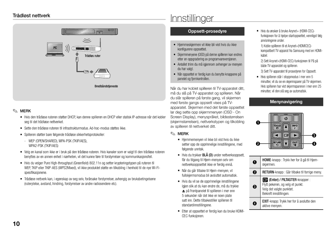 Samsung BD-J5900/XE manual Innstillinger, Trådløst nettverk, Oppsett-prosedyre, Menynavigering 