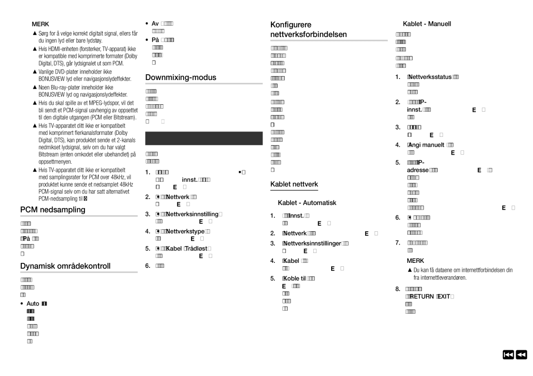 Samsung BD-J5900/XE manual PCM nedsampling, Dynamisk områdekontroll, Downmixing-modus, Konfigurere nettverksforbindelsen 
