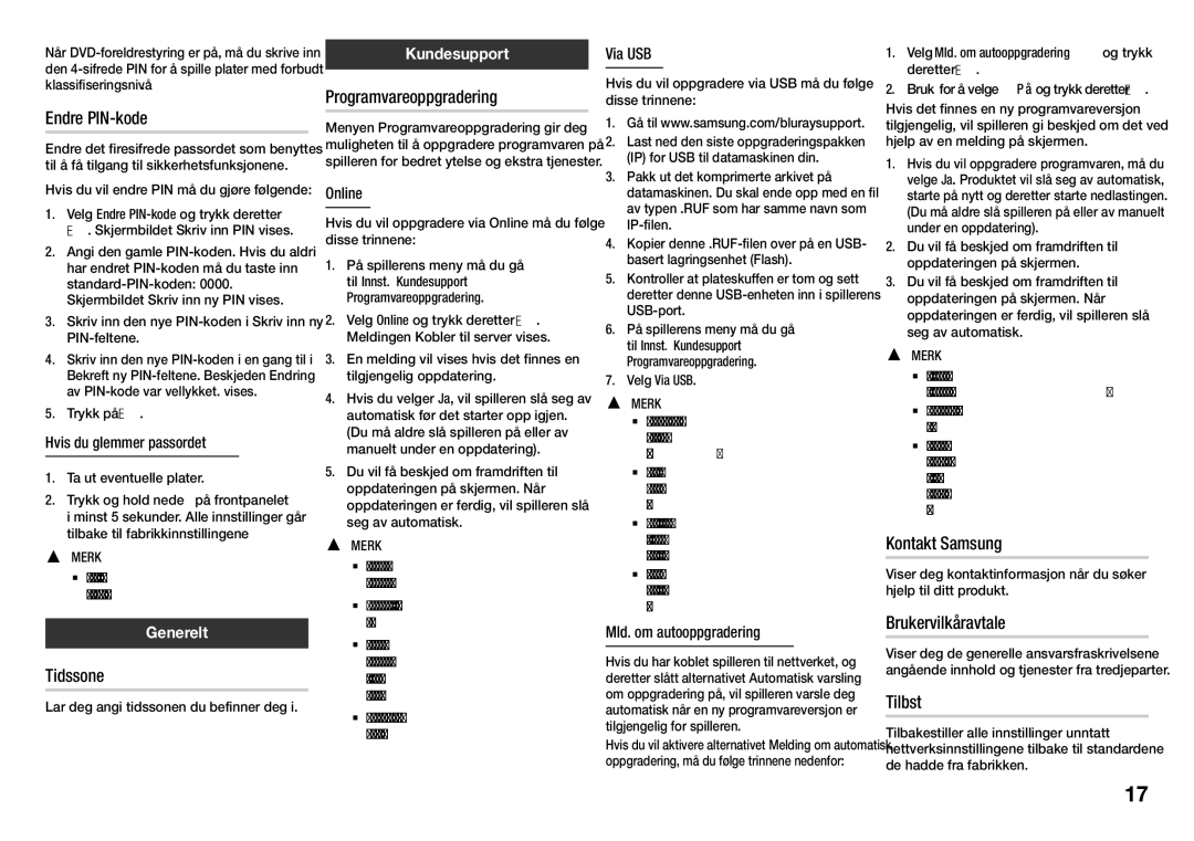 Samsung BD-J5900/XE manual Endre PIN-kode, Tidssone, Programvareoppgradering, Kontakt Samsung, Brukervilkåravtale, Tilbst 