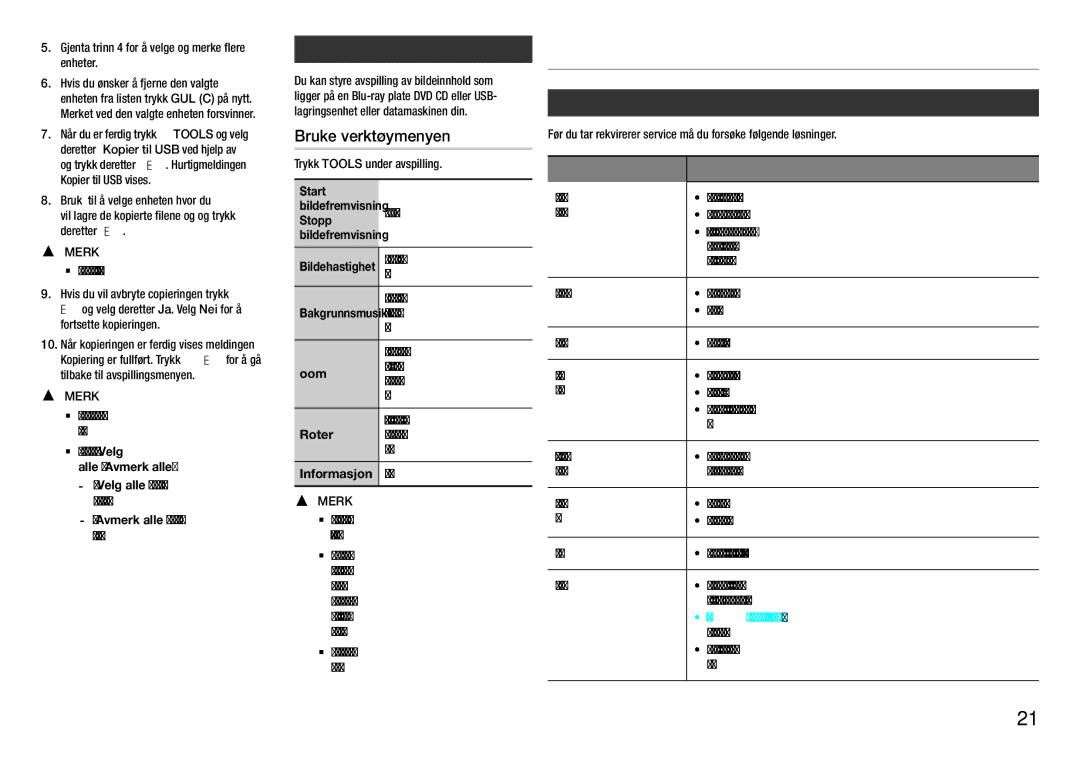 Samsung BD-J5900/XE manual Tillegg, Bruke verktøymenyen, Spille av bildeinnhold, Feilsøking 