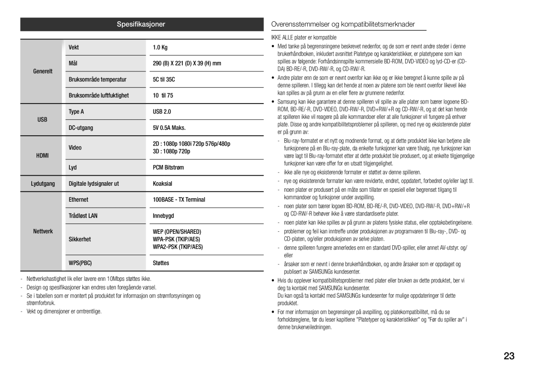 Samsung BD-J5900/XE manual Spesifikasjoner, Overensstemmelser og kompatibilitetsmerknader 