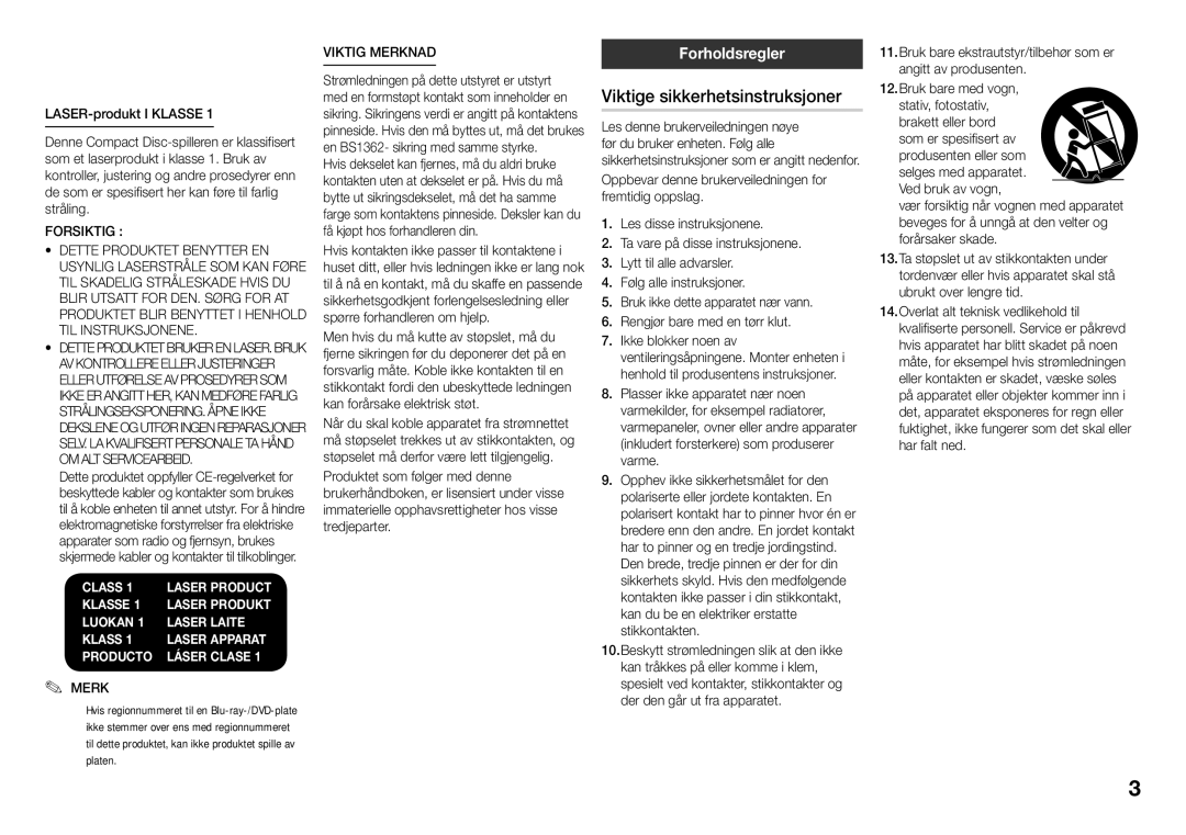 Samsung BD-J5900/XE manual Viktige sikkerhetsinstruksjoner, Forholdsregler, Forsiktig, Viktig Merknad 