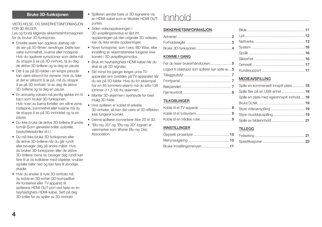 Samsung BD-J5900/XE manual Innhold, Bruke 3D-funksjonen, For 3D-BILDER 