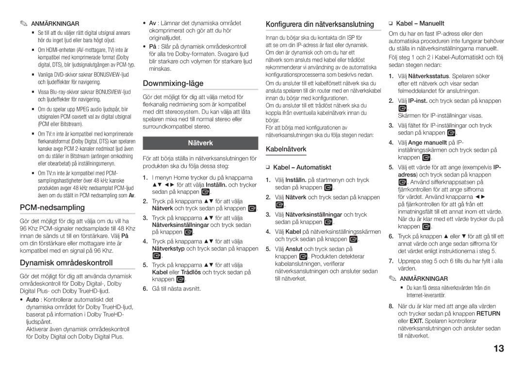 Samsung BD-J5900/XE manual PCM-nedsampling, Dynamisk områdeskontroll, Downmixing-läge, Nätverk 