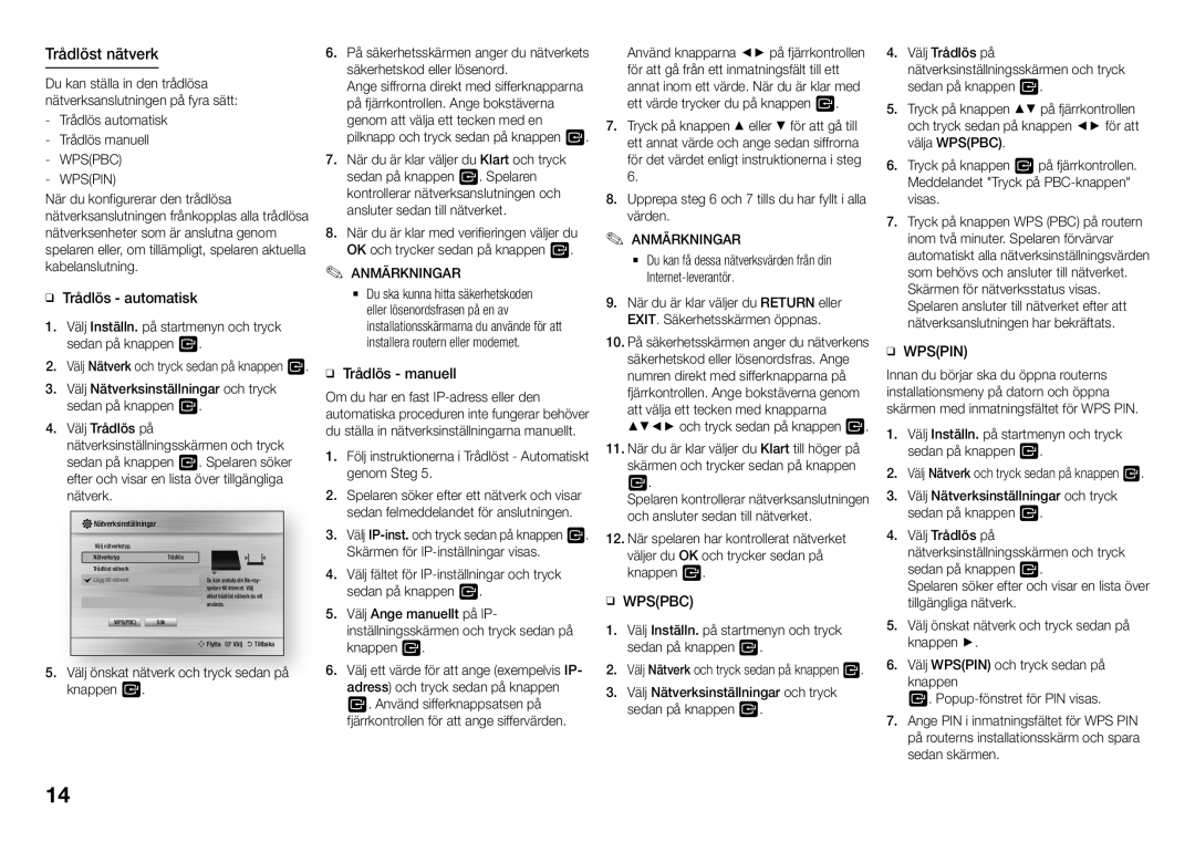 Samsung BD-J5900/XE manual Trådlöst nätverk, Wpspin, Välj Inställn. på startmenyn och tryck sedan på knappen 