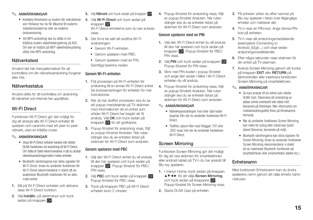 Samsung BD-J5900/XE manual Nätverkstest, Nätverksstatus, Wi-Fi Direct, Screen Mirroring, Enhetsnamn 